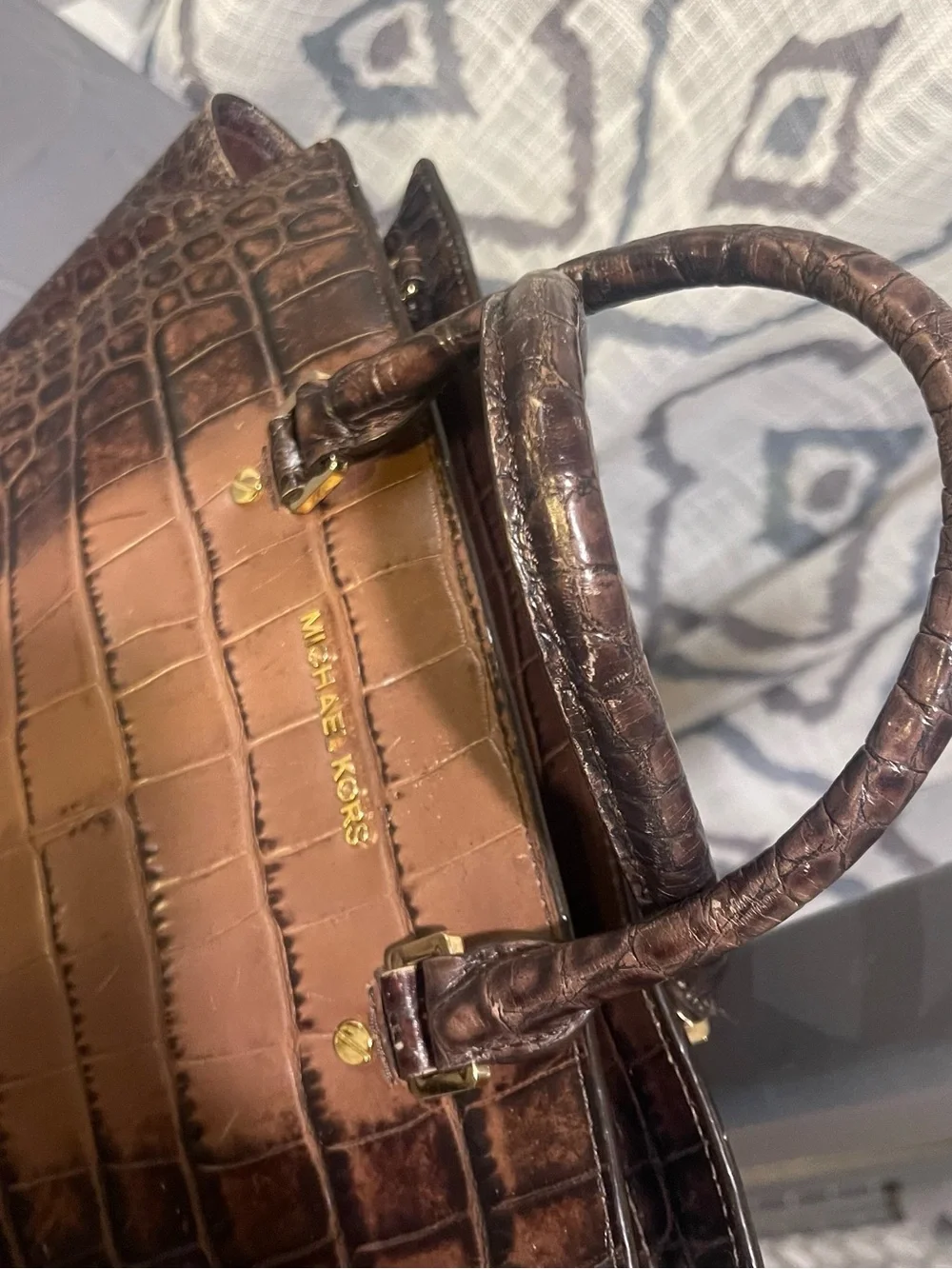 Michael Kors Two-Tone Brown Croc-Embossed Leather Satchel with Gold Hardware